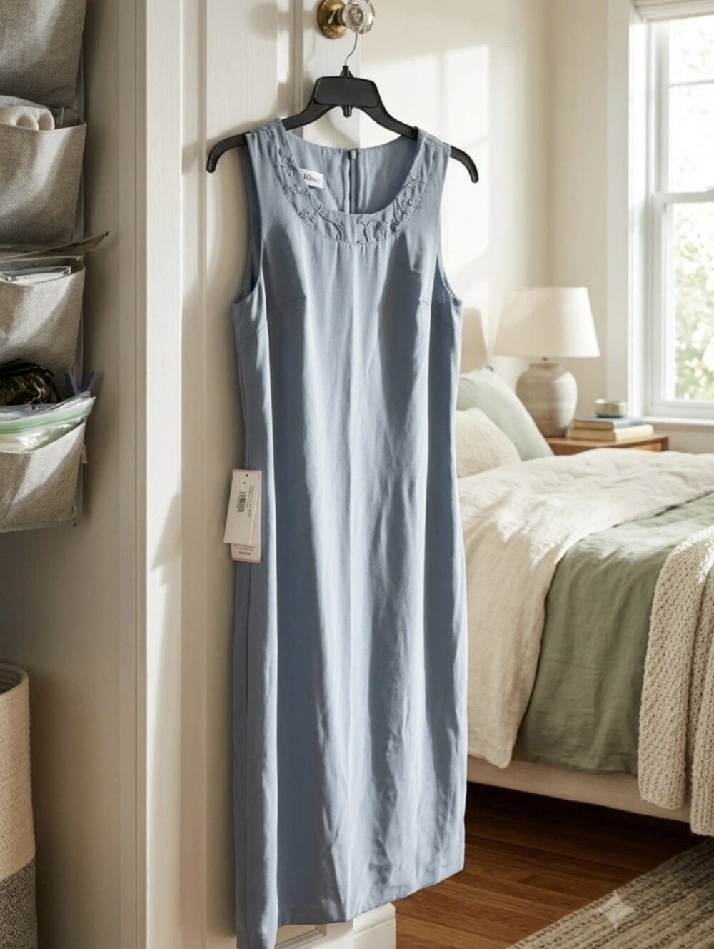 JJ’s House Dusty Blue Chiffon Sheath Dress NWT Beads Embroidery Size 14 Formal